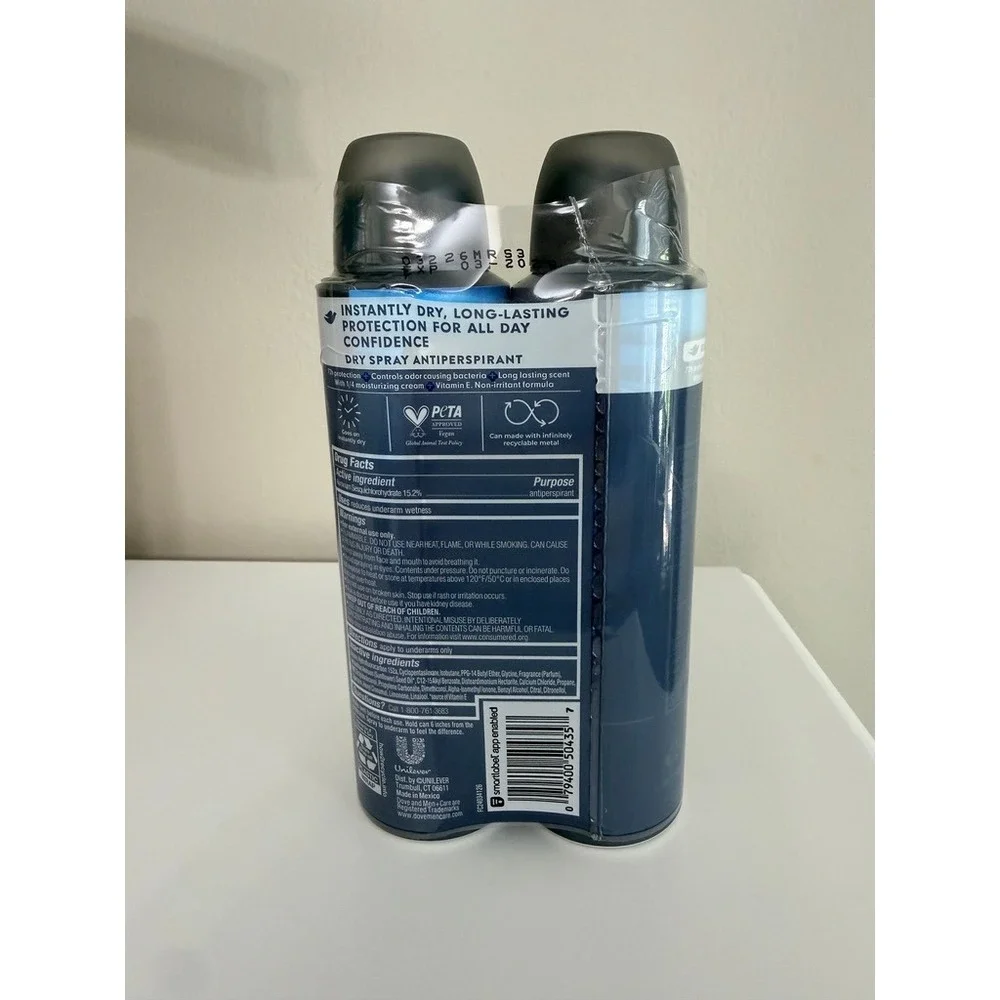 Dove Dry Spray Antiperspirant Mens 3.8oz Blue Clean Comfort 2pk NWT